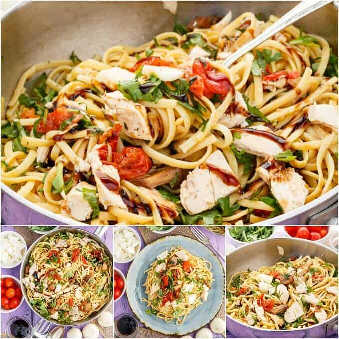 Roasted Chicken Caprese Pasta in pan with spoon, on blue plate with mushrooms, bowls of ingredients around