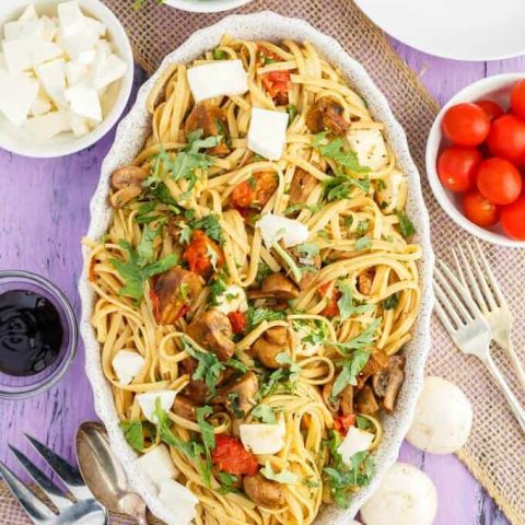 Roasted Mushroom Caprese Pasta