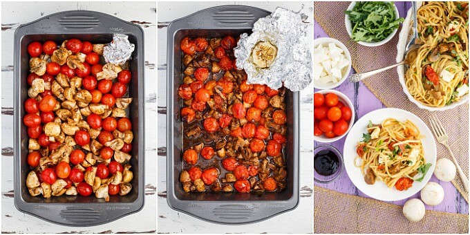 Roasted Mushroom Caprese Pasta season and cooked. On white plate and bowl with fork and spoon with bowls of ingredients on purple table