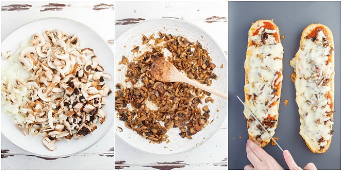 Vegetarian Mushroom Pizza Bread  mash on white plate with wooden spatula, pizza bread with knife held by hand on gray table