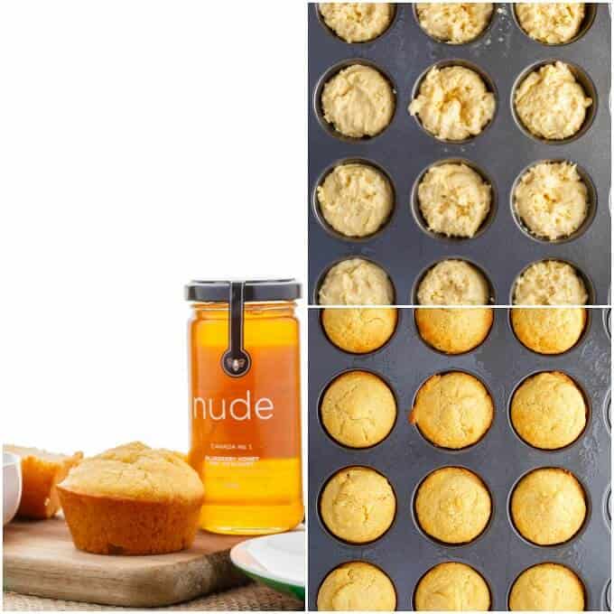 Buttermilk Honey Cornbread Muffins on wooden pad with jar of honey. Muffins in molds before and after baking