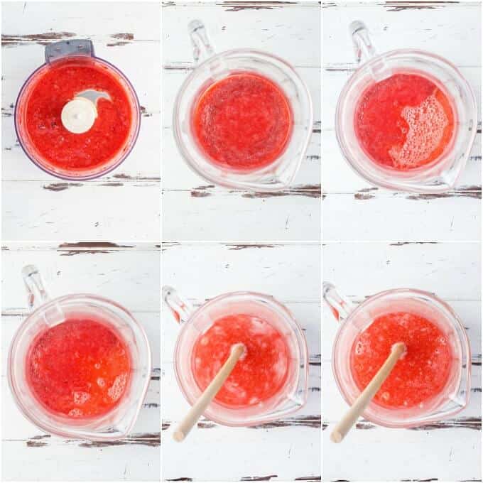 Homemade Strawberry Lemonade being mixed in mixer. Lemonade in glass pitcher with and without wooden kitchen tool