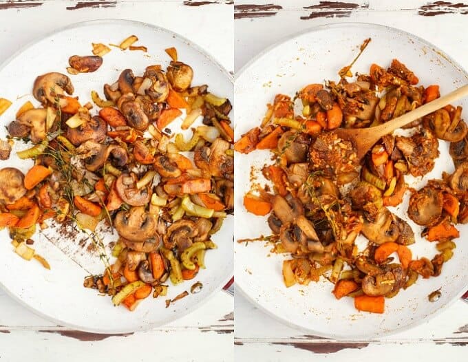 Vegetarian Mushroom Gravy on white plate with wooden spatula