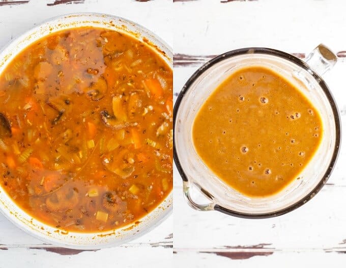 Vegetarian Mushroom Gravy in pot being cooked and in glass bowl