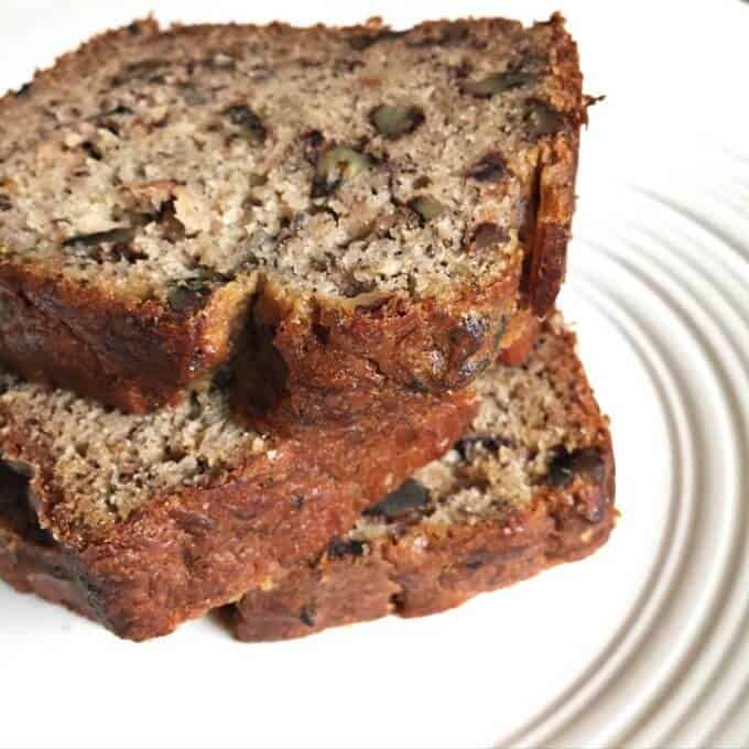 Banana bread slices on white plate