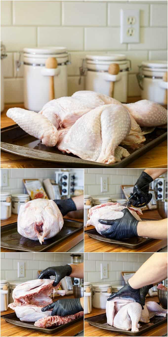 Grilled Spatchcock Turkey on gray cooking pot being cutted and prepared for grilling.