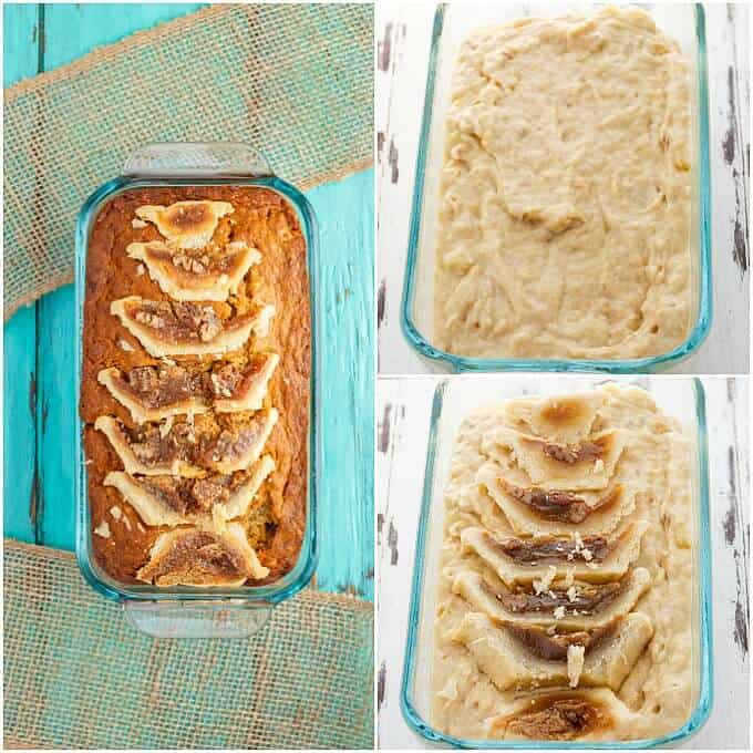 Homemade Butter Tart Banana Bread in glass container. Banana bread before and after baking