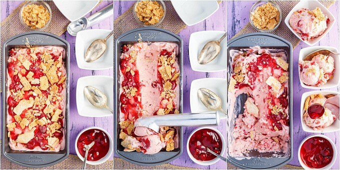 Cherry Pie Ice Cream  in black container  with spoon and in white bowls with spoons. Bowl swith ingredients on purple table. Different views