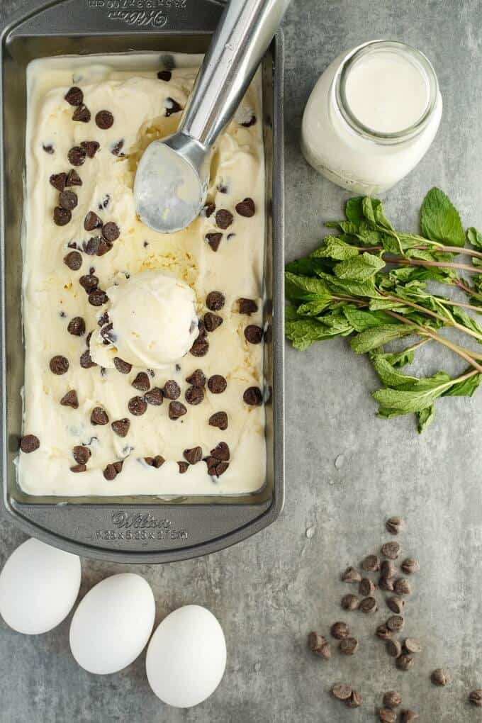 Homemade Fresh Mint Chocolate Chip Ice Cream in black container with spoon. Boiled eggs, chocolate chips, herbs and bottle of milk on gray table