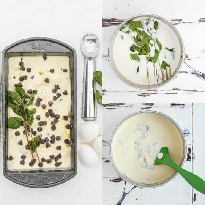 Homemade Fresh Mint Chocolate Chip Ice Cream in black container next to boiled eggs, spoon and herbs, Ice cream being mixed in cooking pot with green spatula