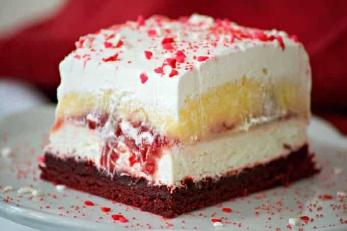 Red velvet cherry dream bar on white plate