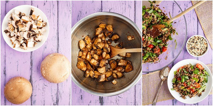 Roasted Mushroom Wild Rice Salad on white palte and in glass bowl with spoon and bowl of wide rice on purple table. Mushrooms and chopped mushrooms on plate, Roasted mushrooms in pot with wooden spatula