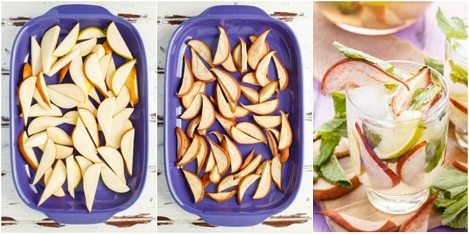 Roasted Pear slices on purple tray, mojitos in glass cup on wooden pad with herbs and  sliced roasted pears