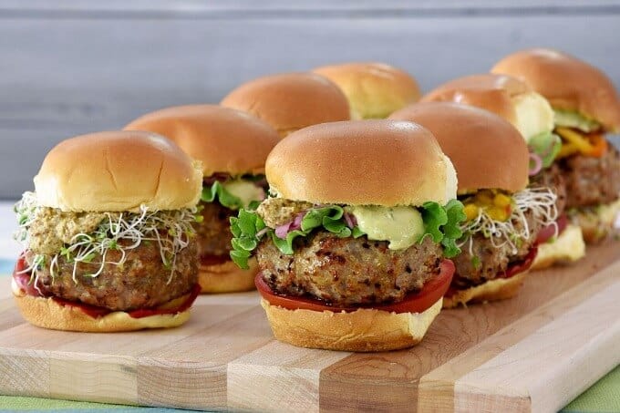 Green goodnes bbq turkey sliders on wooden pad