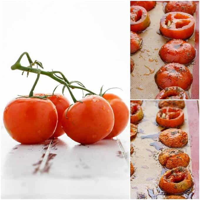 Fresh tomatoes on the table, Sliced tomateos being roasted