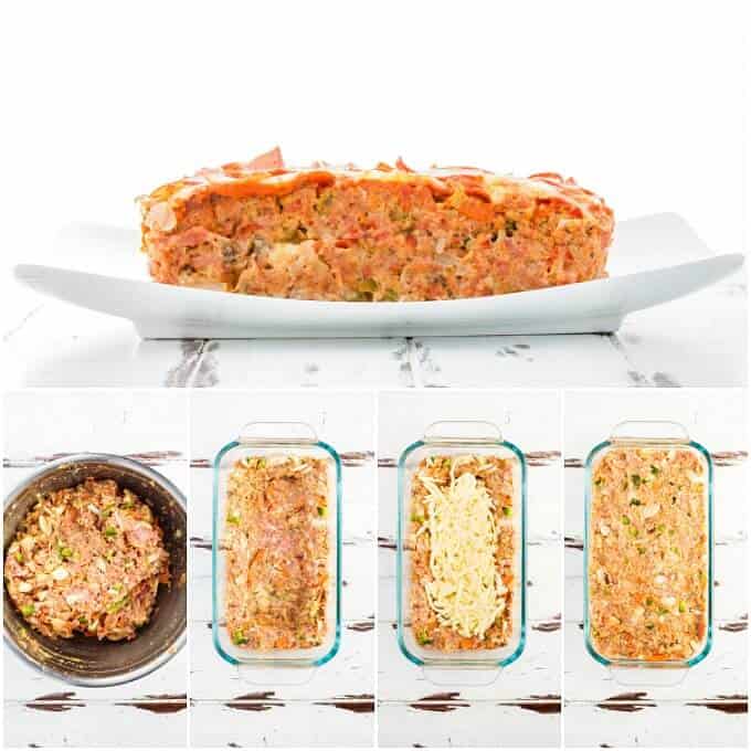 Turkey Pizza Meatloaf on white tray. Pizza meatloaf dough in pot and in glass baking pot before and after baking