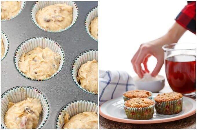 Chocolate Chip Banana Bread Muffins with Coconut & Nuts on plate, jar of liquor, cloth wipe and bowl of coconut touched by hand in the background. Muffin dough in mold