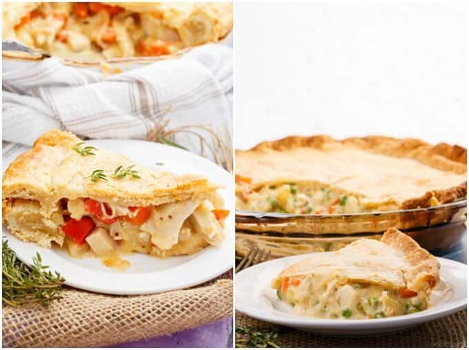 Homemade Turkey Pot Pie  on white plates and on glass tray