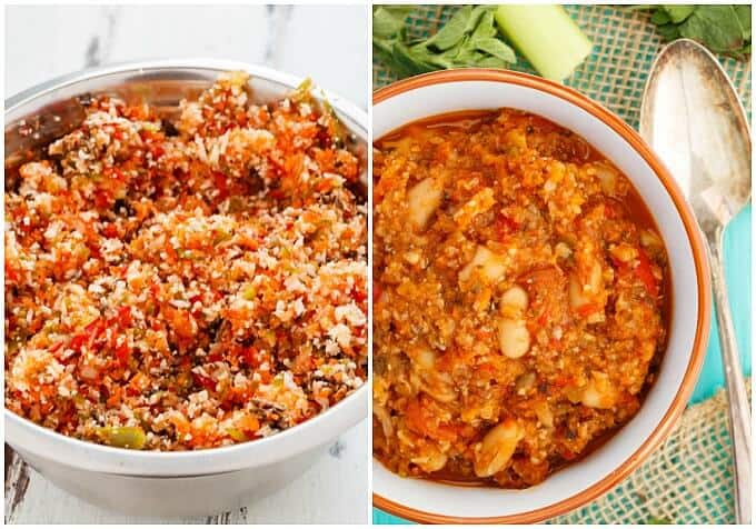 "Meaty" Vegetarian Chili (No Fake Meat!) in bowls with spoon and vegetable around