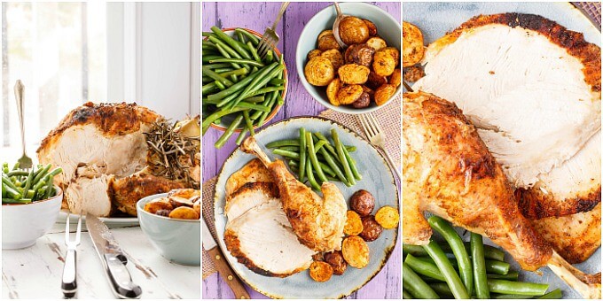 Slow Cooker Whole Turkey on tray with with bowls of asparagus and potatoes with knife and fork on the table. Different views.