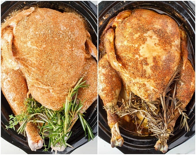 Slow Cooker Whole Turkey with herbs before and after cooking