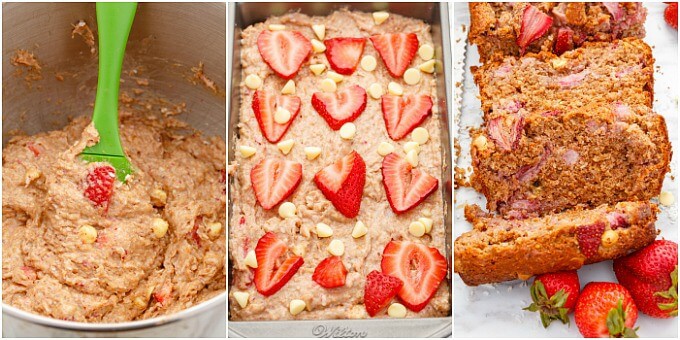 White Chocolate Strawberry Banana Bread dough in bowl with green spatula. Bread dough with strawberries in mold. Bread sliced with ripe strawberries on white background