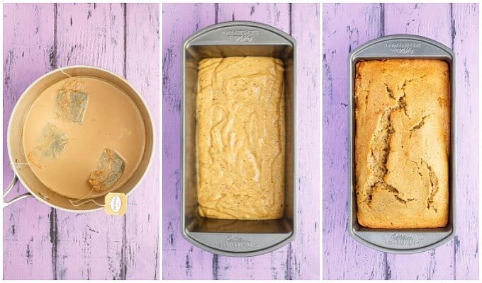 Earl Grey Tea B in pot on purple table. Bread dough in mold before and after baking on purple table