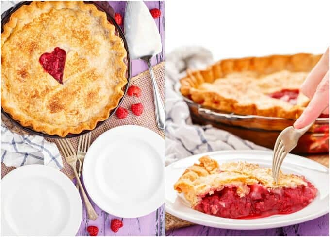 Homemade Raspberry Pie on  in baking pot, forks, spatula, two white plates, cloth wipe and scattered raspberries on purple table. Raspberry pie on white plate with fork held by hand, cloth wipe and rest of the cake in baking pot in the background