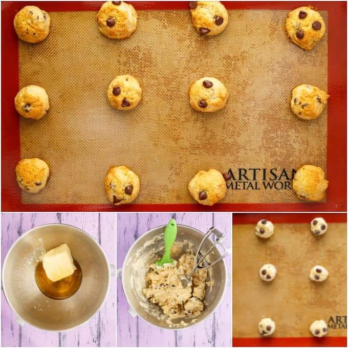 Honey Chocolate Chip Cookies on brown pad before and after baking. Chocolate cookie dough in bowl with spatula being mixed. Butter in bowl.
