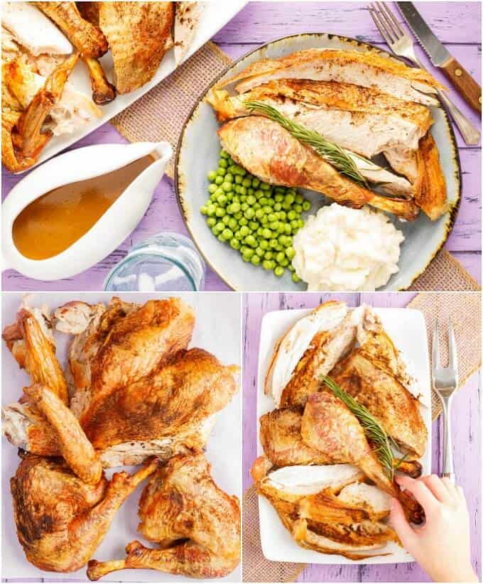 Oven Spatchcock Turkey  on blue table with peas, knife and mashed potatoes with knife, fork, glass cup, bowl of sauce , turkey on white tray on purple table. Turkey on white tray with herb touched by hand next to fork on purple table