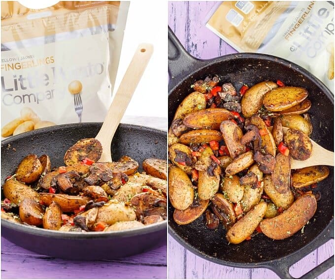 Vegetarian Home Fries (using Fingerling Potatoes!) on black pan with wooden spatula on purple table, different views