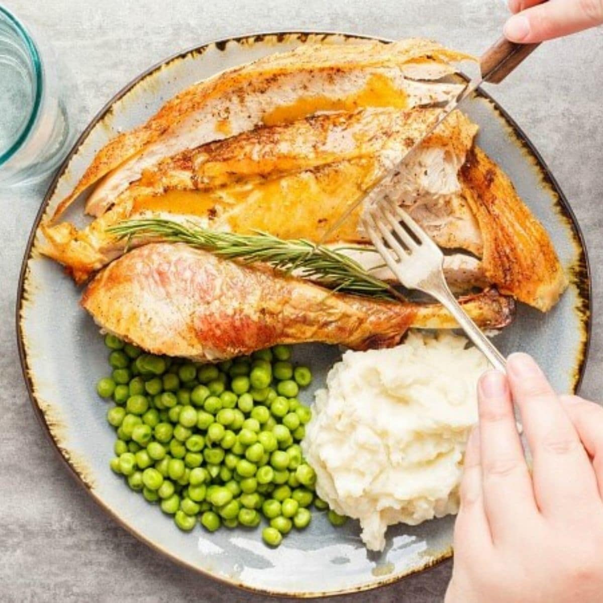 Oven patchock turkey on blue plate with peas, mashed potatoes, fork and knife held by hands