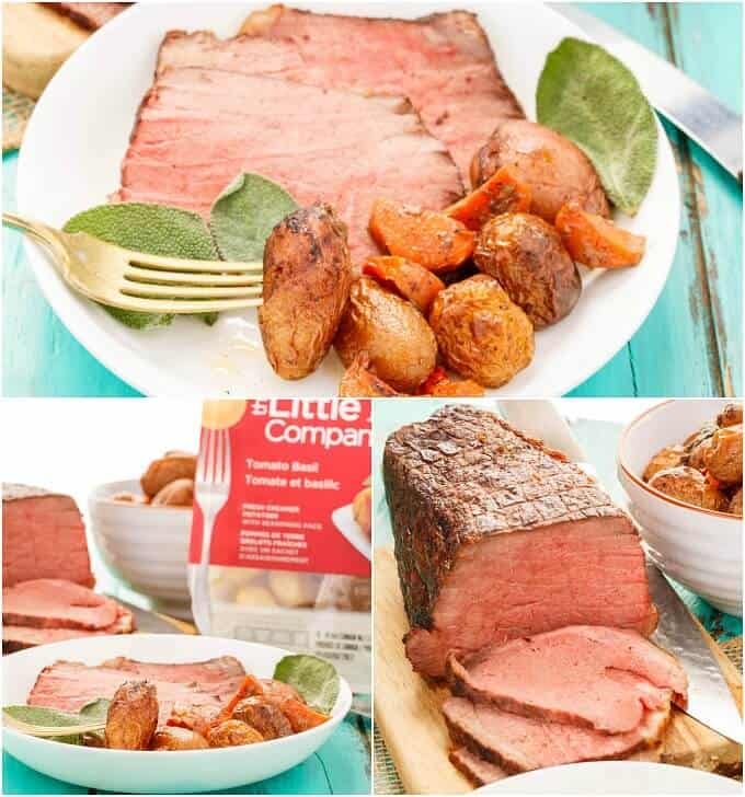 Sage Butter Round Roast with Creamer Potatoes on white plate with fork. Sage Butter Round Roast with Creamer Potatoes on white plate with bowl of potatoes, package of potatoes and round on wooden pad. Roasted round beef on wooden pad with knife with bowl of potatoes