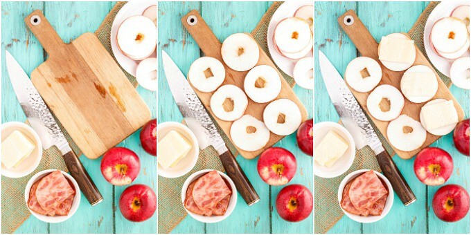 Knife, red apples. bowls of cheese, bacon and white plates with slices apples on blue table. 