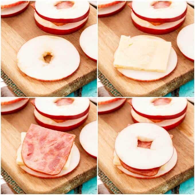 Turkey Bacon Apple Sandwiches with Cheese process of making, Apple slices being stuffed with bacon, cheese and turkey on wooden pad