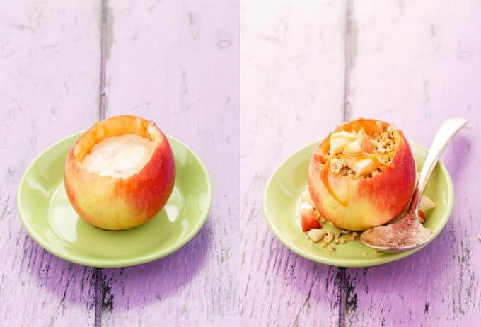 Edible Apple Cups on small green plate with and without spoon on purple table