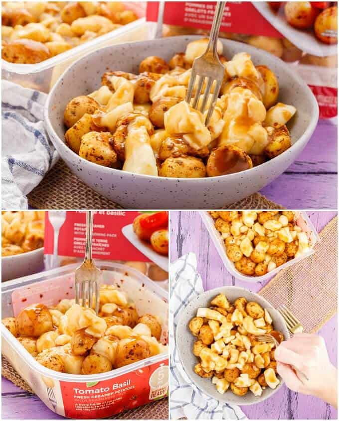 Personal Poutine using Creamer Potatoes in bowl with fork. In package with fork on purple table