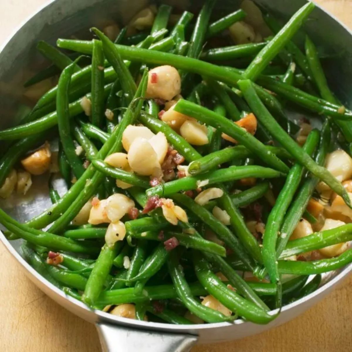 Tasty Bavarian Green Beans in a skillet.