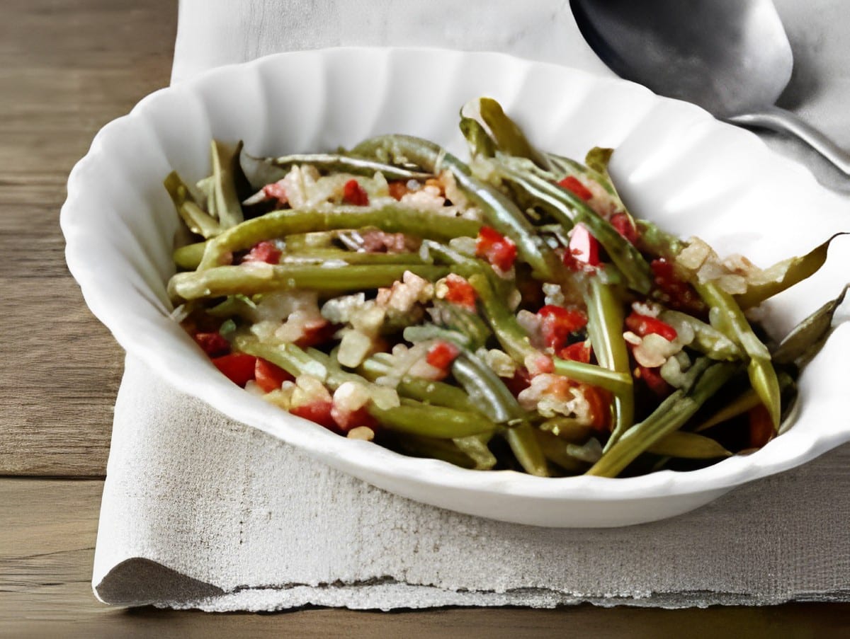 Delicious Pioneer Woman’s Best Green Beans in a white bowl.