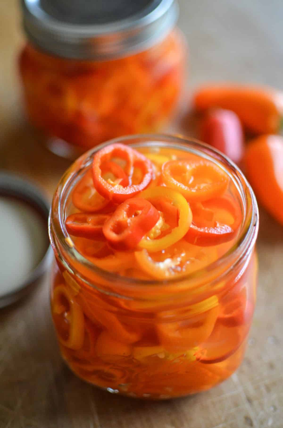 Delicious Quick Pickled Sweet Peppers in a glass jar.